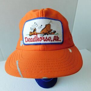 Deadhorse, Alaska Trucker Mesh Snapback Baseball Hat Cap Vintage 70s Orange USA